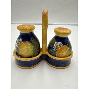 Vtg Italian Blue lemons Hand Painted Salt Pepper Shakers in Holder Fatto A Mano